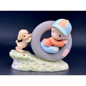 Precious Moments Country Boy Collection Porcelain Figurine Boy w/ Tire and Puppy